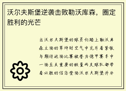 沃尔夫斯堡逆袭击败勒沃库森，圈定胜利的光芒
